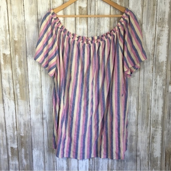 Easel Striped Off The Shoulder Linen Blend Blouse - Picture 1 of 2